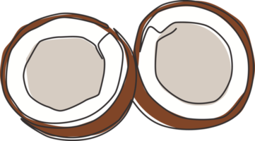 un dibujo de una sola línea de medio coco orgánico saludable cortado en rodajas para la identidad del logotipo de la huerta. concepto de fruitage fresco para el icono de jardín de frutas. Ilustración de vector de diseño gráfico de dibujo de línea continua moderna png