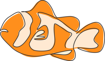 en kontinuerlig linjeteckning av bedårande clownfiskar för havsvattenakvariets logotyp. avskalad anemonefish maskot koncept för vattenlevande show ikon. moderna en rad rita design vektorillustration png