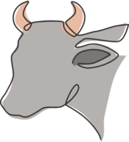 un dibujo de línea continua de una robusta cabeza de vaca para la identidad del logotipo agrícola. concepto de mascota animal mamífero para el icono de la agricultura. Ilustración de vector de diseño de dibujo gráfico de una sola línea png