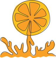 Single one line drawing of sliced healthy organic orange for orchard logo identity. Fresh splashed summer fruitage concept for fruit drink icon. Modern continuous line draw design vector illustration png