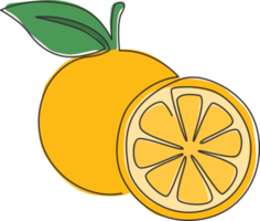 desenho de linha única contínua de laranja orgânica em fatias e inteira saudável para a identidade do logotipo do pomar. conceito de frutas frescas no verão para o ícone de suco de fruta. ilustração em vetor moderno desenho de uma linha png