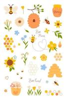Set of cute bee honey elements isolated on white background. Vector graphics.