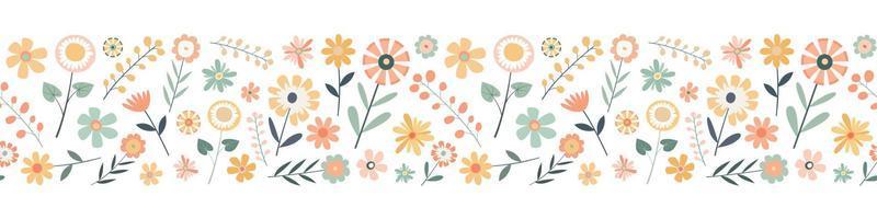 Cartoon pastel floral seamless border pattern. Isolated on white background. Colorful garden flowers in a row. Design for web, labels, and banners vector