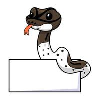 Cute oreo pied ball python cartoon with blank sign vector