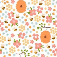 Seamless pattern of bees, beehives and flowers. Vector graphics.