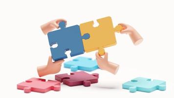 Jigsaw puzzle idea 3d rendering. Hand hold puzzle of business connect concept. Team work success. photo