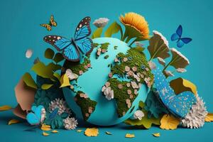 World environment day background with flower and butterfly, Earth day. photo