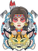 cute native american girl with lynx, design illustration vector