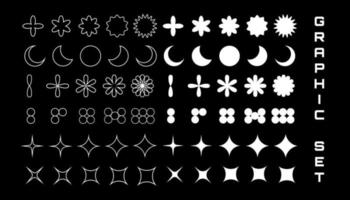 Collection of vector Y2K graphic elements, stars, moon, abstract shapes.