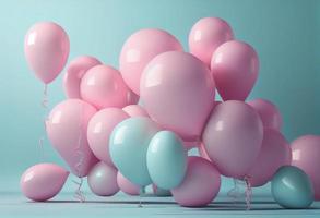 Pink balloons on a pastel blue background. 3d render illustration. Generate Ai photo