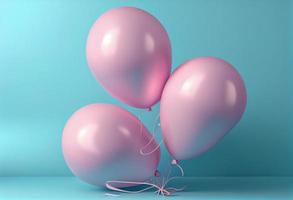 rosado globos en un pastel azul antecedentes. 3d hacer ilustración. generar ai foto
