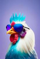 Creative animal composition. Chicken wearing shades sunglass eyeglass isolated. Pastel gradient background. With text copy space. Generate Ai photo