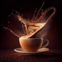 Aromatic coffee splashing in a Cappuccino cup on broun background. Generate Ai. photo