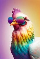 Creative animal composition. Chicken wearing shades sunglass eyeglass isolated. Pastel gradient background. With text copy space. Generate Ai photo