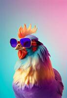 Creative animal composition. Chicken wearing shades sunglass eyeglass isolated. Pastel gradient background. With text copy space. Generate Ai photo