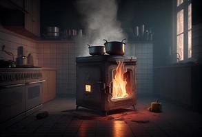 Stove ignited in the modern kitchen during cooking, smoke and soot around, fire at home. Generate Ai photo