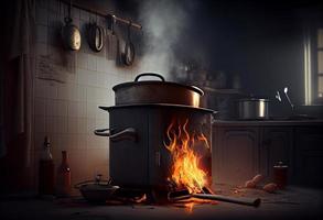 estufa encendido en el moderno cocina durante cocinando, fumar y Hollín alrededor, fuego a hogar. generar ai foto