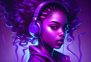 Stylish fashion african american teenager model wearing headphones listening dj music dancing in purple neon lights. Generate Ai photo