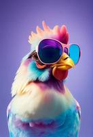 Creative animal composition. Chicken wearing shades sunglass eyeglass isolated. Pastel gradient background. With text copy space. Generate Ai photo