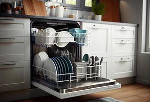 Open dishwasher with clean dishes inside in kitchen. Generate Ai photo