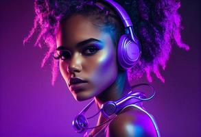 elegante Moda africano americano adolescente modelo vistiendo auriculares escuchando DJ música bailando en púrpura neón luces. generar ai foto