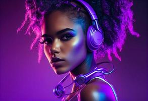 Stylish fashion african american teenager model wearing headphones listening dj music dancing in purple neon lights. Generate Ai photo