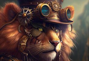 a lion wearing a steampunk hat and a steampunk mask, fantasy art, steampunk. Generate Ai photo