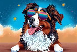 Cute Cartoon Summer Australian Shepard on a Beach in Sunglasses. Generate Ai photo