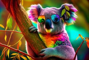 a large koala wearing sunglasses sitting on top of a tree, neofauvism, colorful. Generate Ai photo