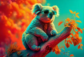 a large koala wearing sunglasses sitting on top of a tree, neofauvism, colorful. Generate Ai photo