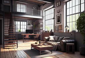 Living room loft in industrial style ,3d render. Generate Ai. photo