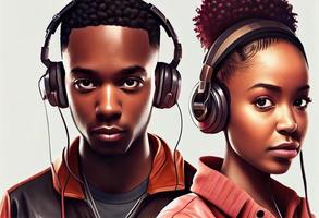 Couple of young afroamerican persons, male and female, radio host with headphones and microphone . Generate Ai. photo