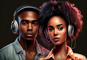 Couple of young afroamerican persons, male and female, radio host with headphones and microphone . Generate Ai. photo