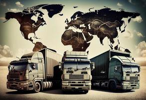 Trucks with cargo on the background of the world map. Generate Ai. photo