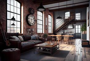 Living room loft in industrial style ,3d render. Generate Ai. photo