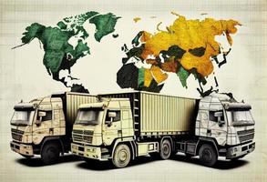 Trucks with cargo on the background of the world map. Generate Ai. photo