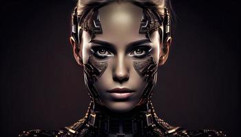 robot mujer Mira en cámara en negro antecedentes . generar ai. foto