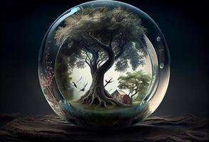 un vaso pelota con un árbol dentro él, un mate cuadro, fantasía arte, fantasía, surrealista generar ai foto