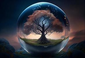 a glass ball with a tree inside it, a matte painting, fantasy art, fantasy, surrealistic. Generate Ai photo