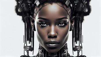 robot negro mujer Mira en cámara en blanco antecedentes. generar ai. foto