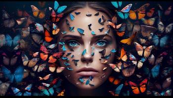 Woman's face sticking out in the middle of a full group of butterflies. Generate Ai. photo