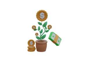 Money tree with coin dollar and cash. Financial investment business development. 3D Rendering concept of money investment growth. png