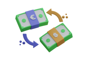 3d illustratie geld overdracht werkwijze of uitwisseling tarief met verschillend types van financiën. png