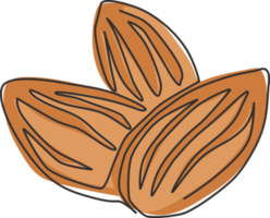 One continuous line drawing of whole healthy organic almonds group for garden logo identity. Fresh edible seed concept for fruit icon. Modern single line draw design graphic vector illustration png