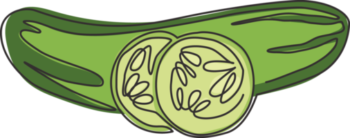 One single line drawing whole and sliced healthy organic cucumber for orchard logo identity. Fresh vegetable concept for vegan garden icon. Continuous line draw design graphic vector illustration png
