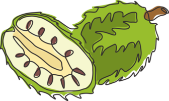 um desenho de linha contínua graviola orgânica saudável inteira e fatiada para a identidade do logotipo do pomar. conceito de frutas exóticas para o ícone do jardim de frutas. ilustração em vetor gráfico moderno desenho de linha única png