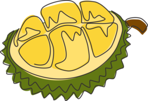 dessin au trait continu unique durian biologique sain tranché à moitié pour l'identité du logo du verger. concept de fruitage épineux frais pour l'icône de jardin de fruits. Une ligne moderne dessiner illustration graphique vectorielle de conception png