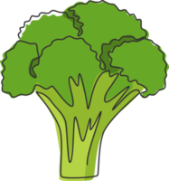 Single continuous line drawing whole healthy organic green broccoli for farm logo identity. Fresh edible green plant concept for vegetable icon. Modern one line draw design graphic vector illustration png