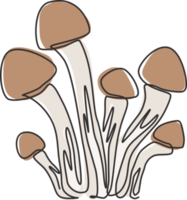 Single continuous line drawing of whole healthy organic mushrooms for farm logo identity. Fresh toadstool concept for vegetable icon. Modern one line draw design vector graphic illustration png