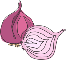 One single line drawing whole and sliced healthy organic bulb onion for farm logo identity. Fresh common onion concept vegetable icon. Modern continuous line draw design vector graphic illustration png